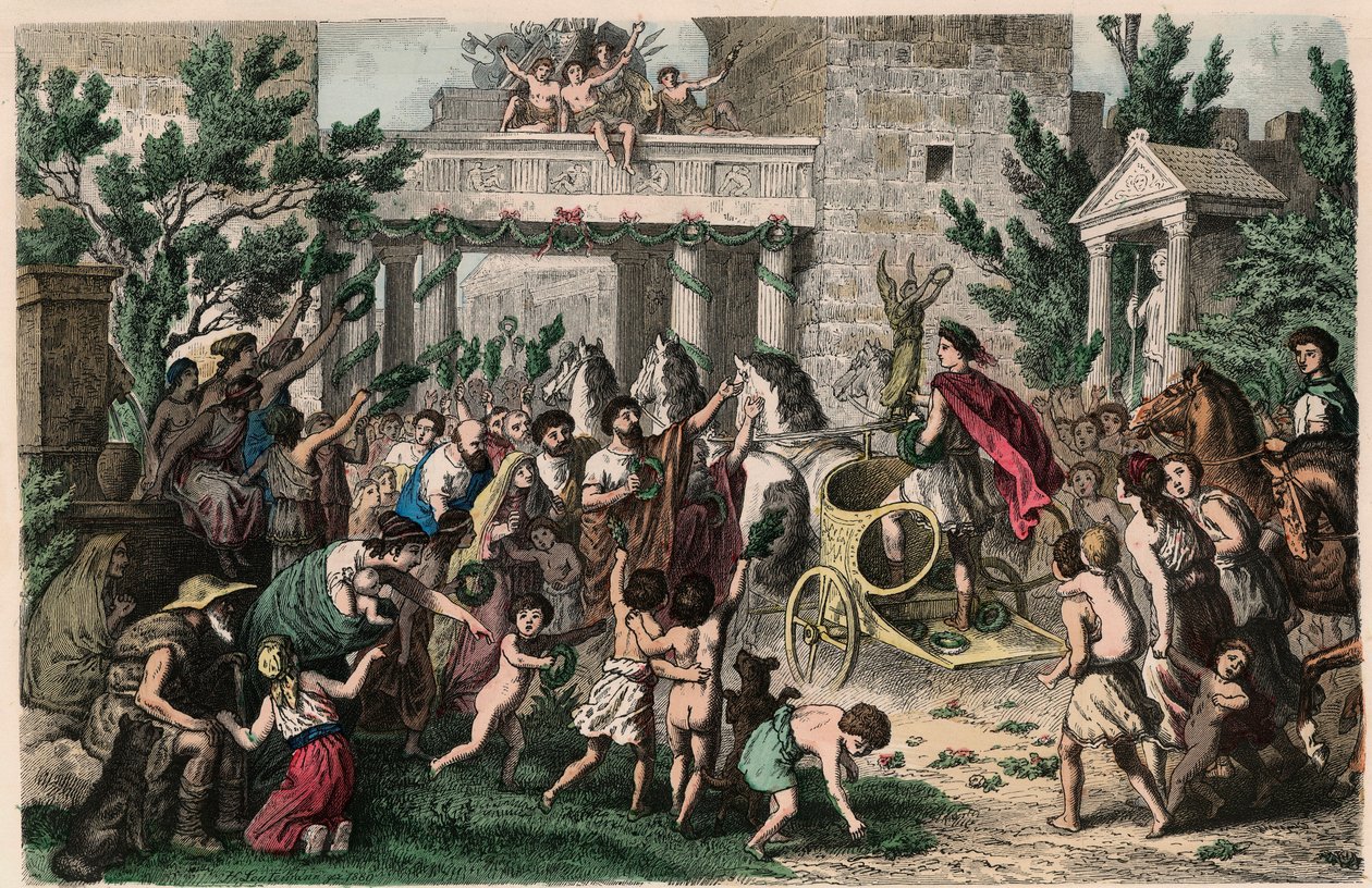Muinainen Kreikka: Olympiavoittajan tervetulo kotikaupungissaan, 1866 tekijältä Heinrich Leutemann