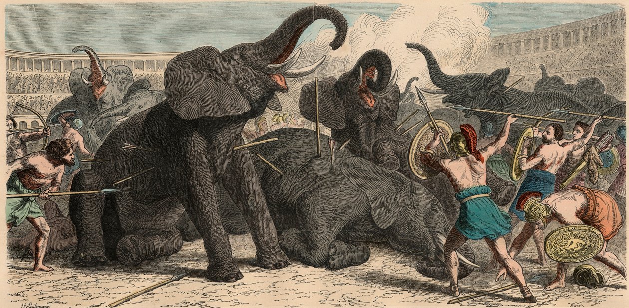 Muinainen Rooma: Elefantteja teurastetaan amfiteatterissa, 1866 tekijältä Heinrich Leutemann