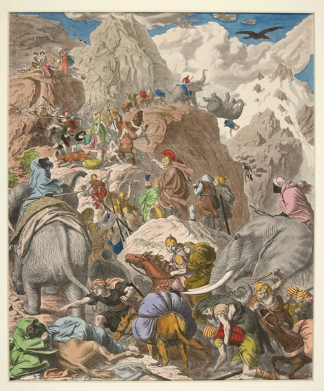 Hannibal ylittää Alpit, pubi. 1866 (käsinvärinen kaiverrus) tekijältä Heinrich Leutemann