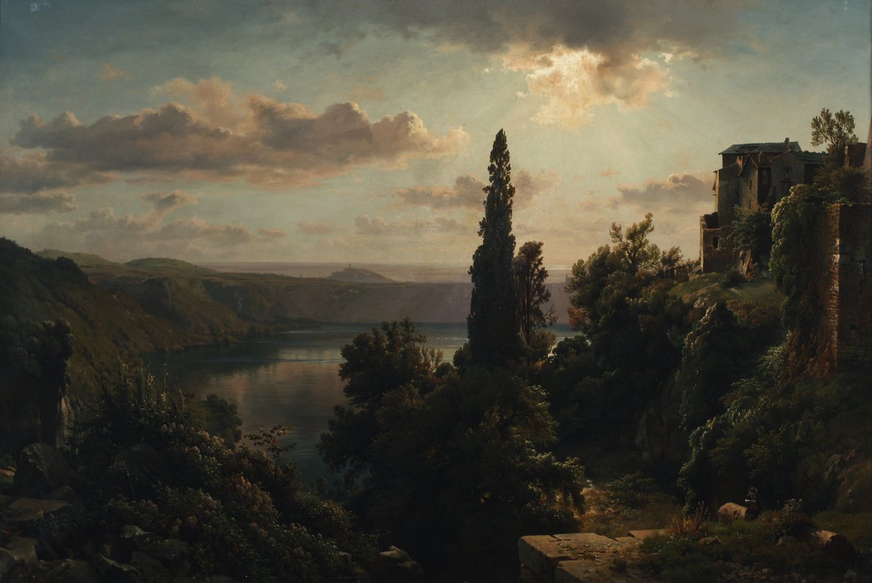 Näkymä Nemi-järvelle Alban Hillsillä lähellä Roomaa tekijältä Heinrich Louis Theodor Gurlitt