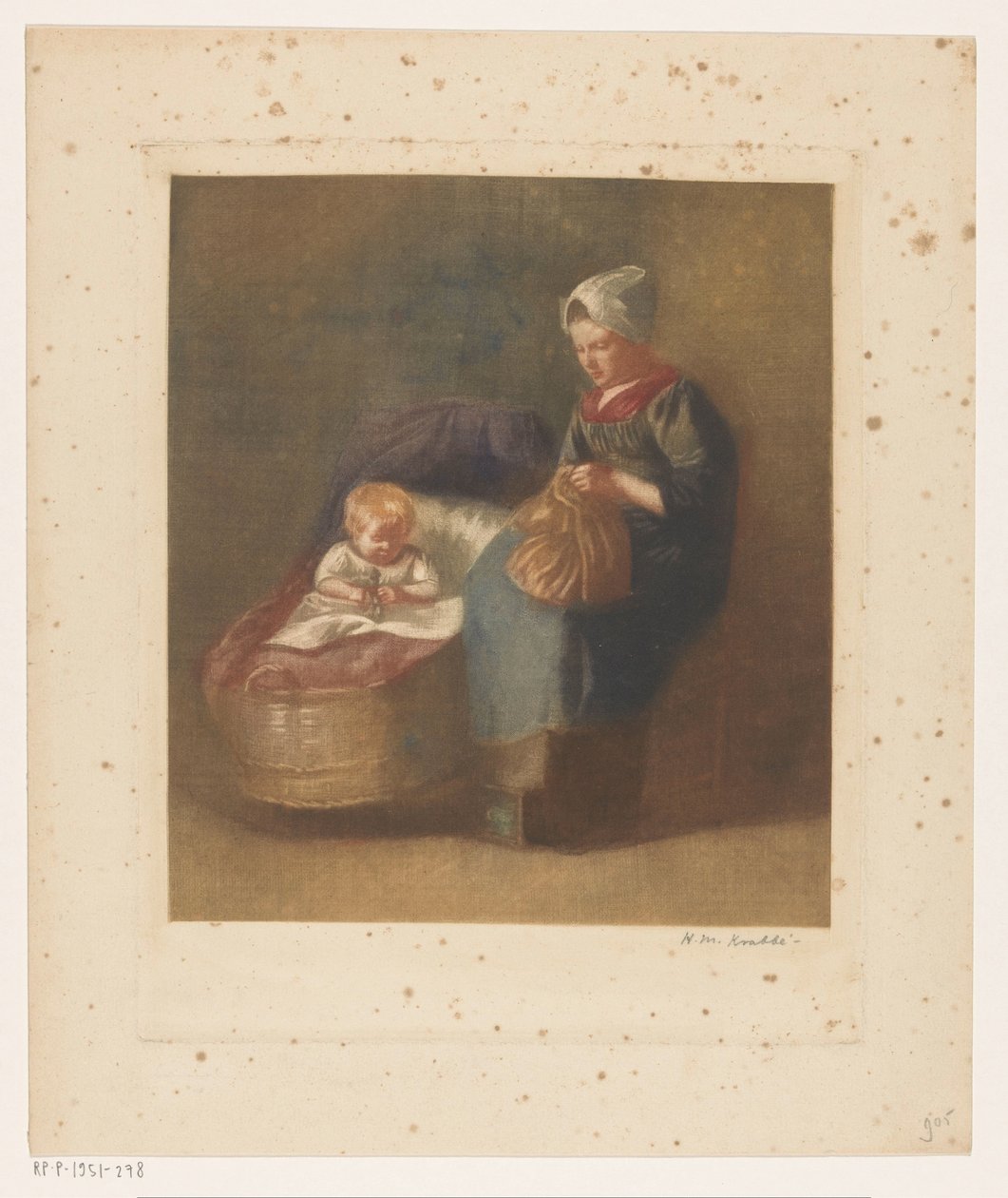 Käsityönainen lapsen vieressä pinnasängyssä tekijältä Heinrich M. Krabbé (signed by artist)