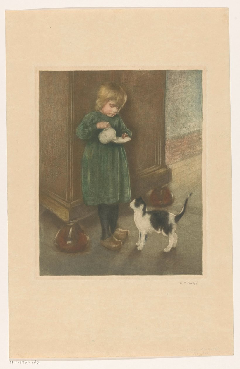 Tyttö ruokkii kissaa tekijältä Heinrich M. Krabbé (signed by artist)