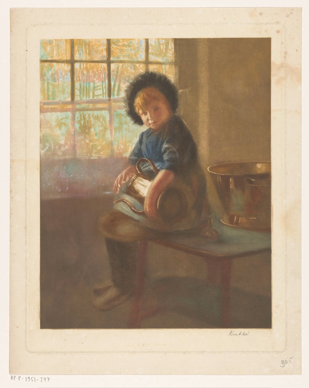 Tyttö kiillottaa kupariruukkua tekijältä Heinrich M. Krabbé (signed by artist)