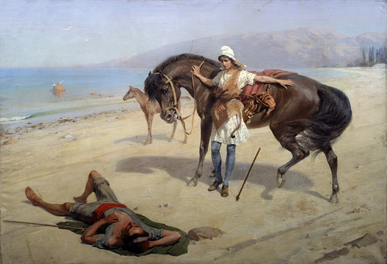 Amazon (Amazon). Amazon löytää rannalta nukkuvan merimiehen. Heinrich Genrich Matvejevitš Maniserin (1847-1925) maalaus, öljy kankaalle. Venäläinen taide, 1900-luku. Alueellinen M. Vrubelin taidemuseo, Omsk (Venäjä) tekijältä Heinrich Matvejevich Maniser