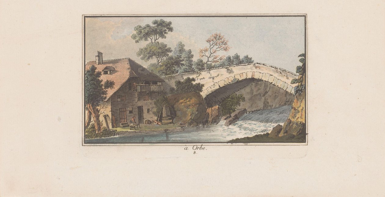 Lady SeateHouse joen ylittävän sillan vieressä Orbessa à Orbe (otsikko esineessä) Maisemat Sveitsissä (sarjan nimi) Sammlung einiger Aussichten in der Schweiz (sarjan nimi)d Boston Rockerissa, . tekijältä Heinrich Rieter