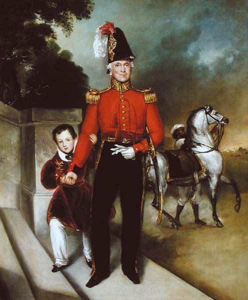 Kenraali Sir James Dennis (1778-1855) poikansa kanssa, syce, joka vie hänen laturinsa 1843 (öljy kankaalle) tekijältä Heinrich Schaeffer