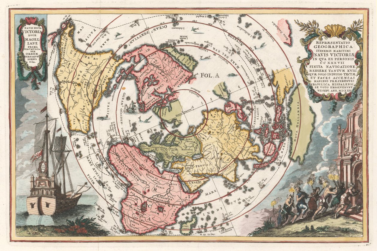 Maailmankartta Magellanin ympärimatkalla Schererin Atlas novuksesta, 1702-1703 tekijältä Heinrich Scherer