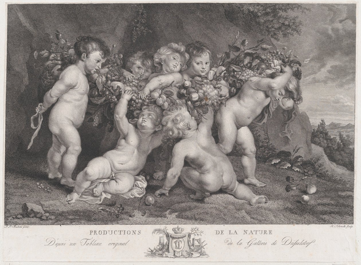 Seitsemän puttia kantamassa hedelmäseppelettä, n. 1780-87. tekijältä Heinrich Schmitz
