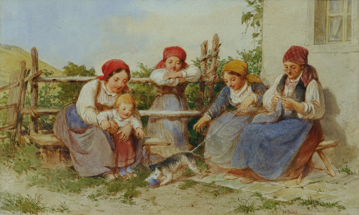 Naiset ja lapset leikkivän kissan kanssa tekijältä Heinrich Stohl