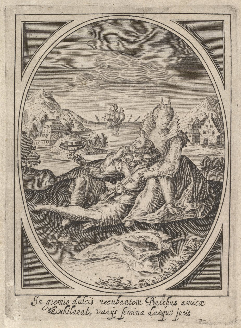 Pari istuu maassa, mies pitelee pikaria ja nojasi..., n. 1585-1621. tekijältä Heinrich Ulrich