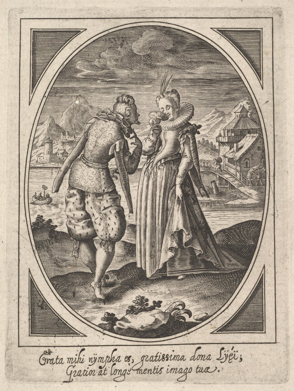 Mies astuu kohti naista, joka pitää pikaria suullaan, vesimyllyä ja telinettä..., n. 1585-1621. tekijältä Heinrich Ulrich