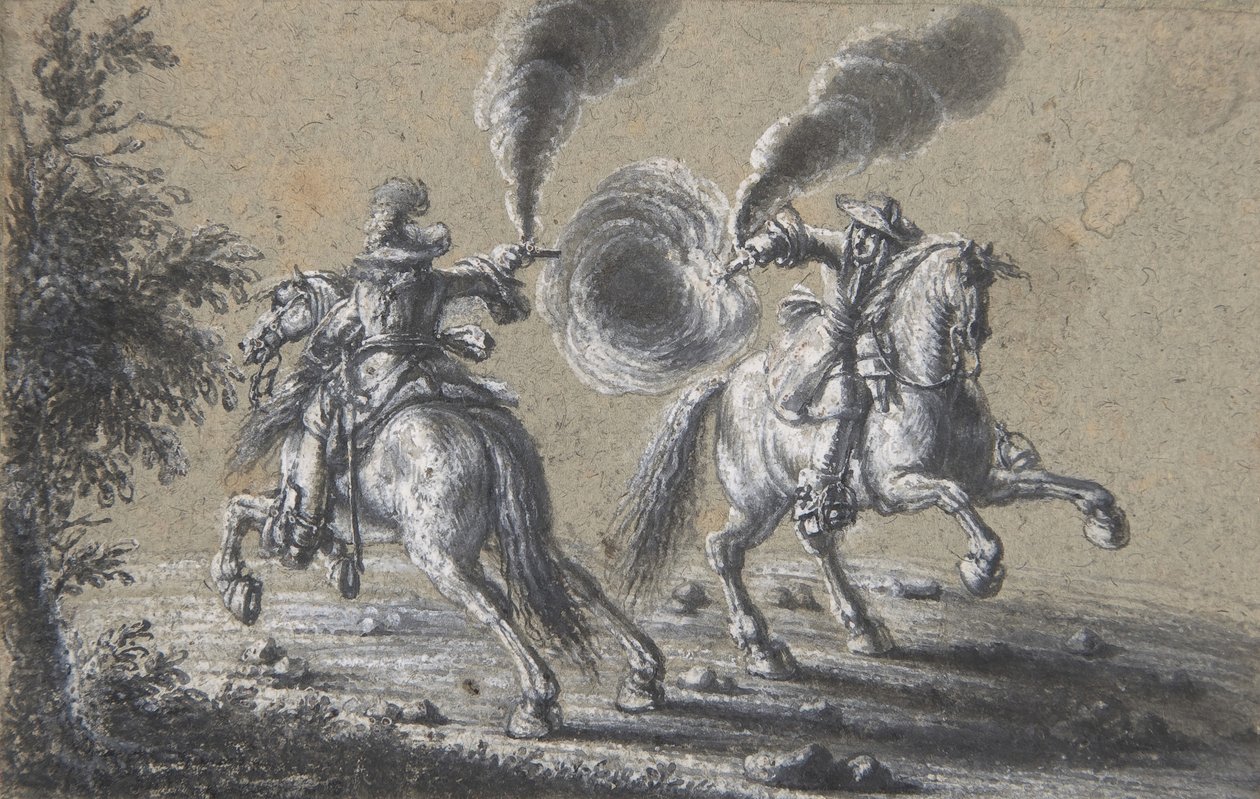 Kaksi ratsumiestä ampuu toisiaan vastaan, 1600-1677. tekijältä Heinrich Werdmuller