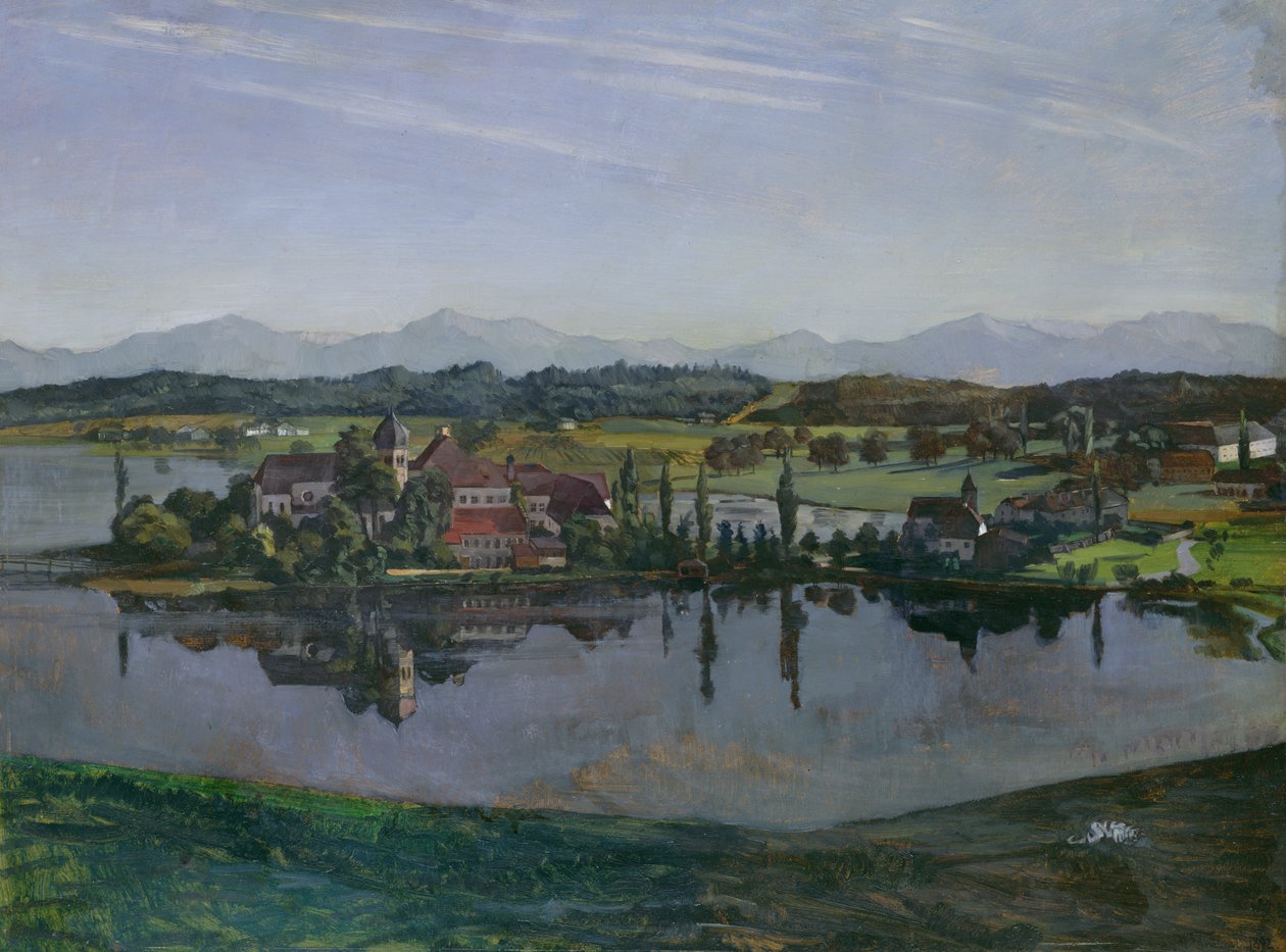Seeonin luostari Oberbayernissa, 1892 (öljy paperille kiinnitetty korttiin) tekijältä Heinrich Wilhelm Truebner