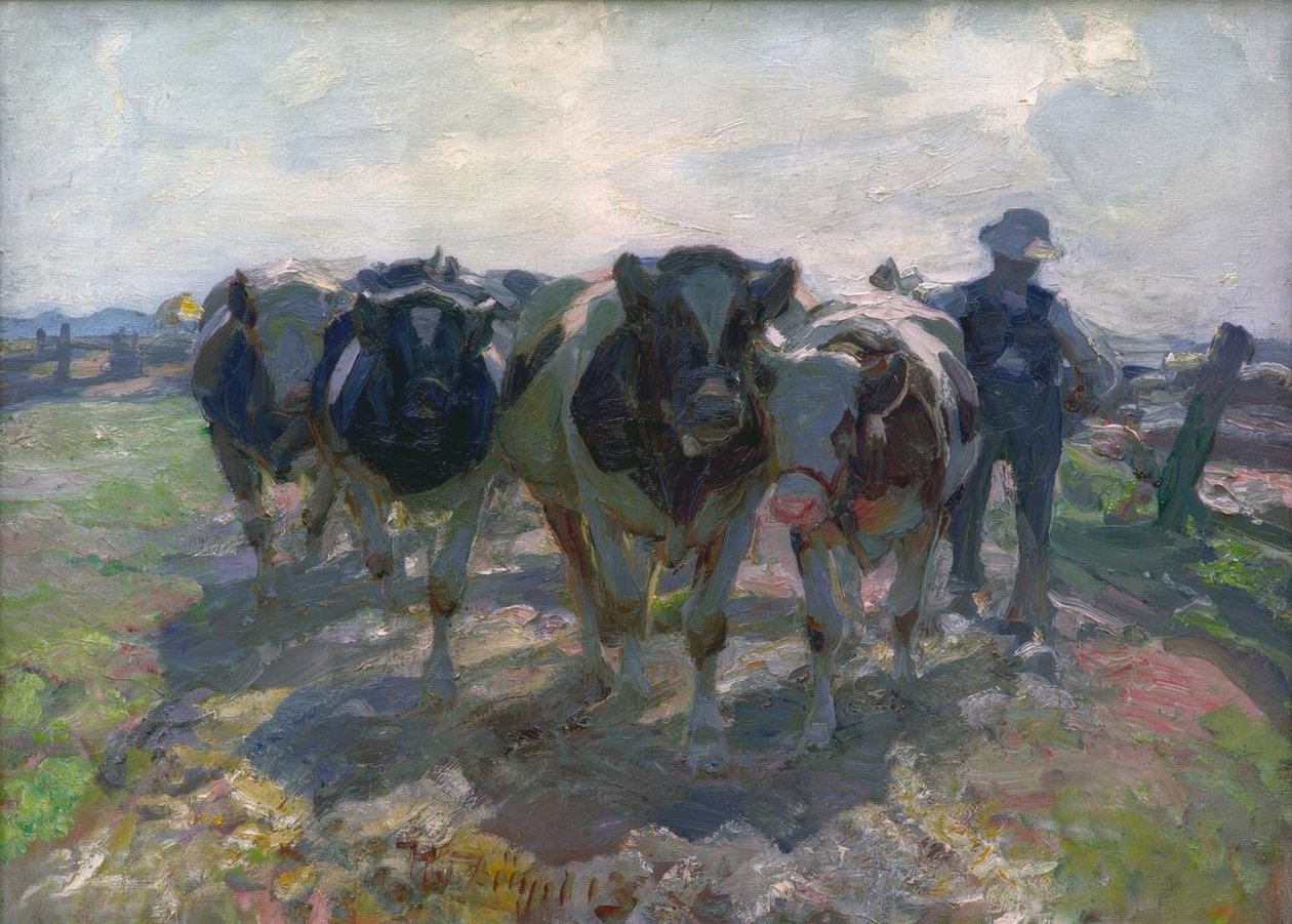 Maanviljelijä lehmien kanssa tekijältä Heinrich von Zügel