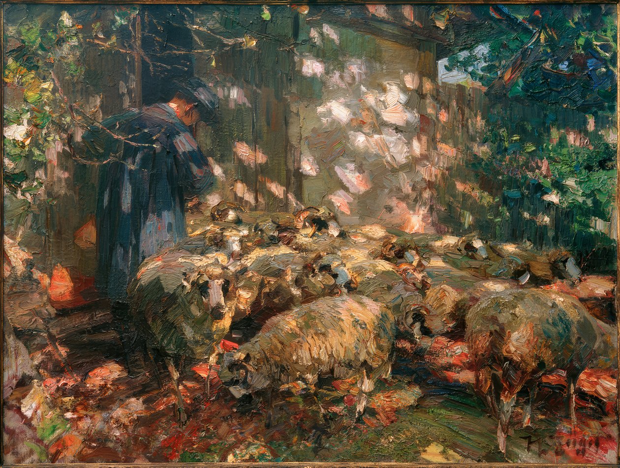 Paimen lampaineen tallin edessä tekijältä Heinrich von Zügel