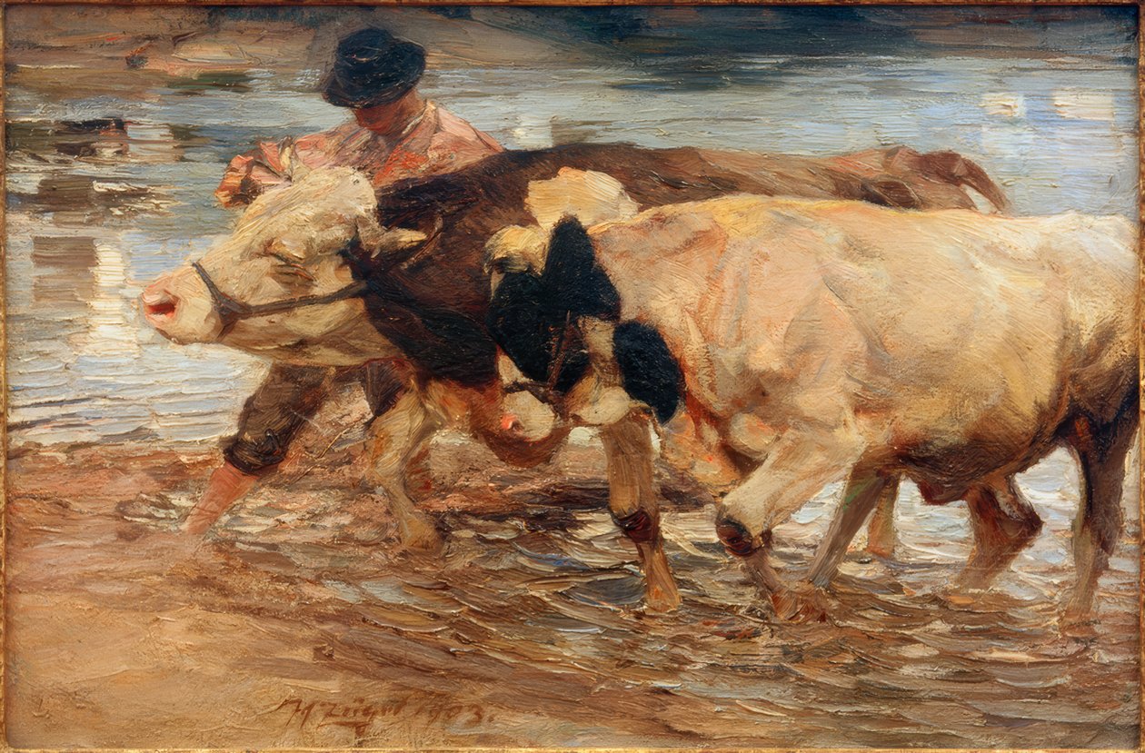Maatilaa lehmän ja härän kanssa tekijältä Heinrich von Zügel