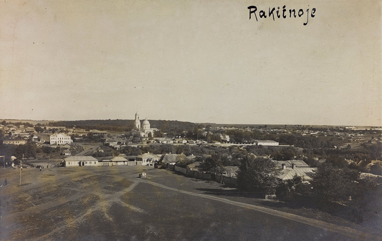 Ensimmäinen maailmansota: "Ukraina vuosina 1914-1916 Saksan armeijan hyökkäyksen aikana. Näkymä Rakitnoesta (m/w kuva) tekijältä Heldenfriedhof Dsessentniki (attr. to)