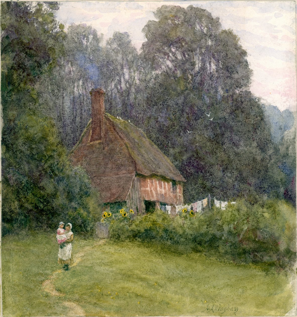 Mökki hahmojen kanssa (bc ja wc paperille) tekijältä Helen Allingham