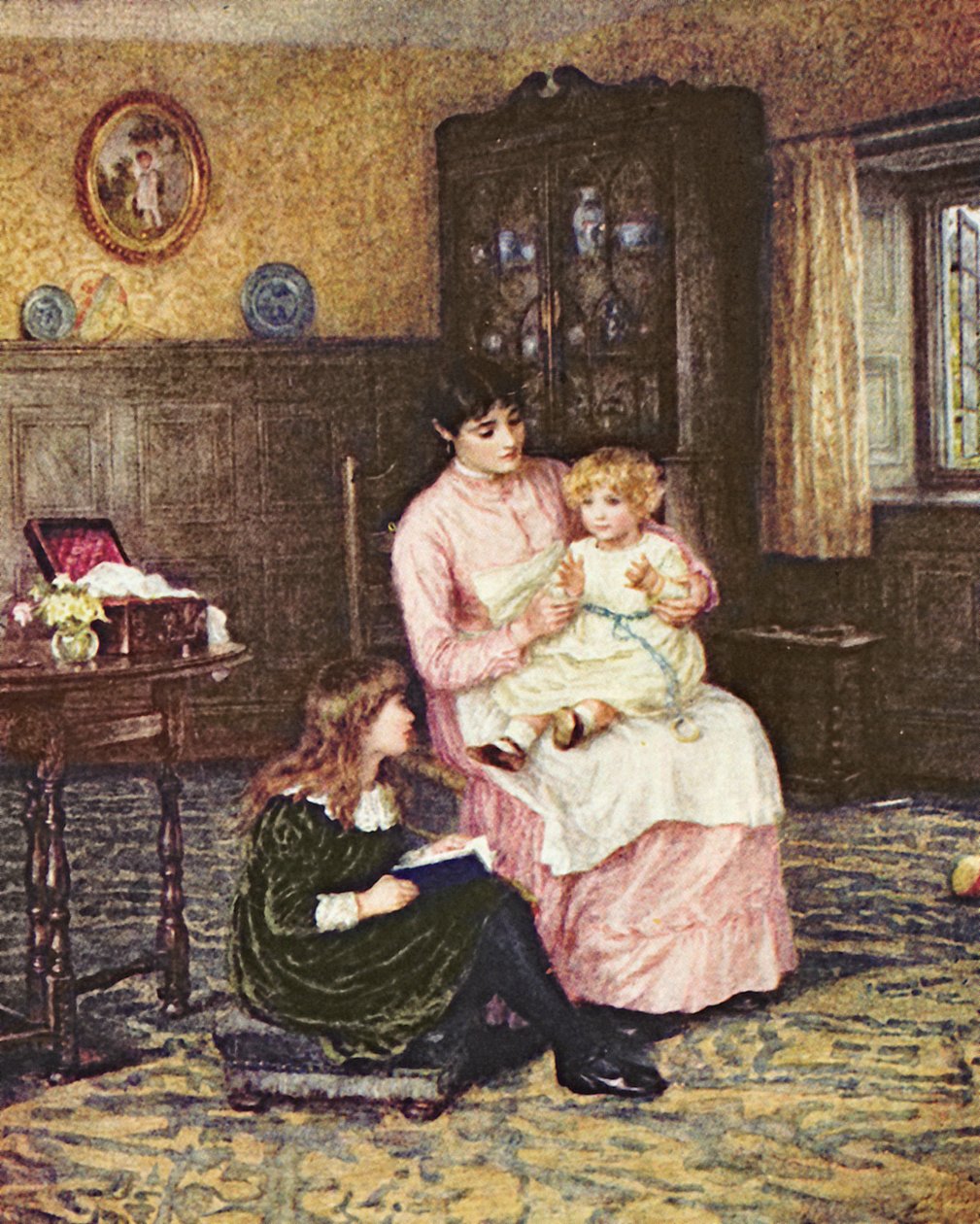Äiti leikkii lasten kanssa sisätiloissa tekijältä Helen Allingham