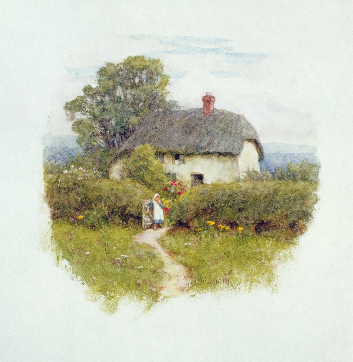 Nuori tyttö mökin portilla (wc paperilla) tekijältä Helen Allingham
