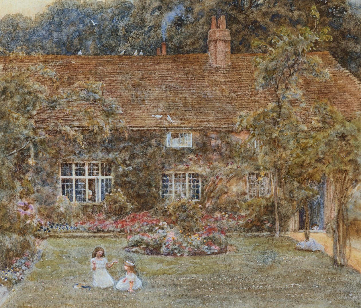 Maalaistalo (akvarelli raapimalla) tekijältä Helen Allingham