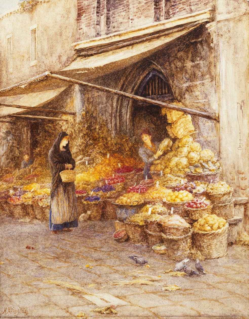 Hedelmäkioski Campanilen juurella, San Giovanni Elemosinario, lähellä rialtoa, Venetsia, tekijältä Helen Allingham
