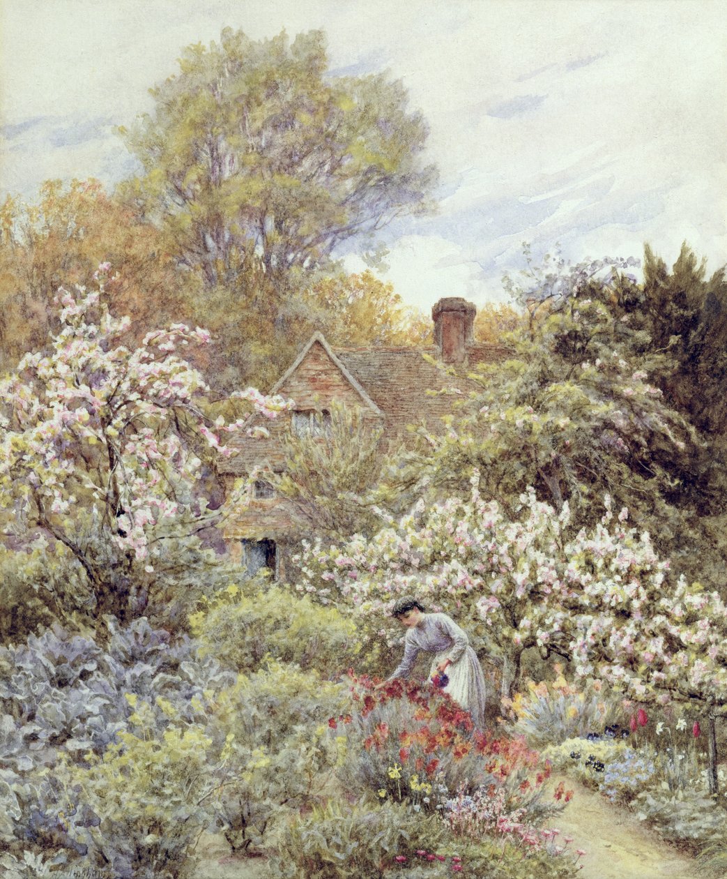 Puutarha keväällä (akvarelli paperille) tekijältä Helen Allingham