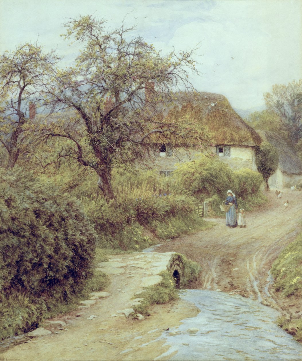 Hill Farm, Symondsbury, Dorset (akvarelli paperille) tekijältä Helen Allingham