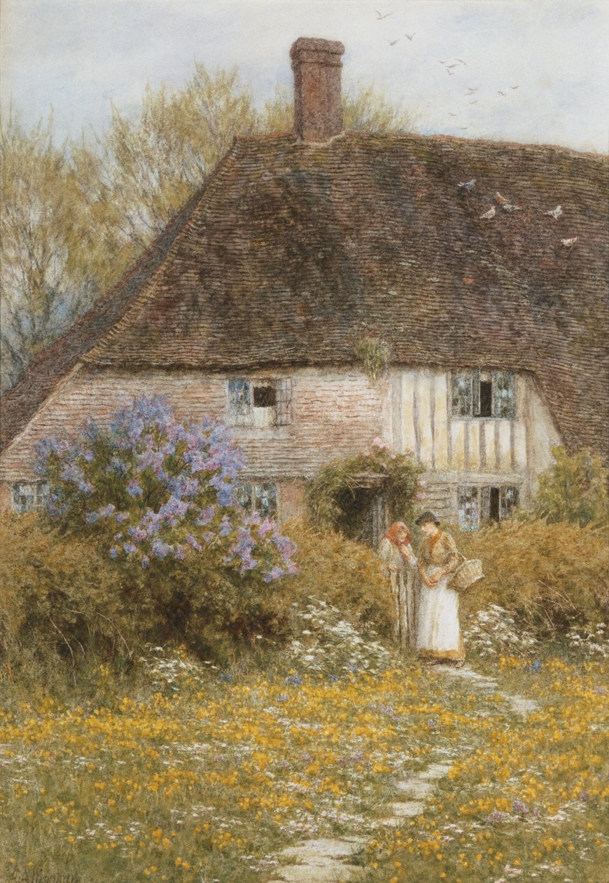 Kenttiläinen mökki (akvarelli raapimalla) tekijältä Helen Allingham
