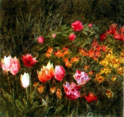 Kevätpuutarha (akvarelli) tekijältä Helen Allingham