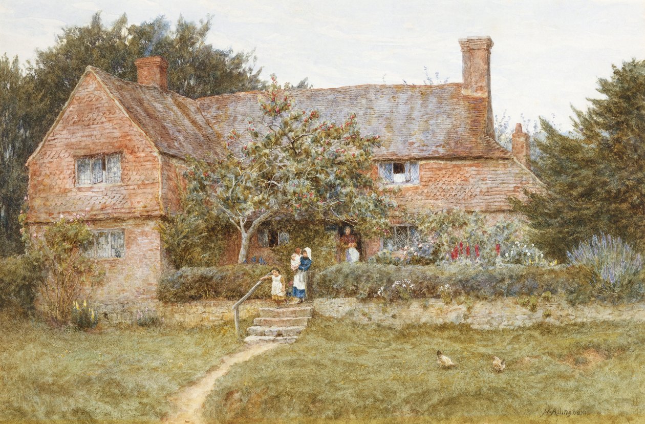Surrey-mökki, jossa on äiti ja hänen lapsensa (akvarelli raapimalla) tekijältä Helen Allingham