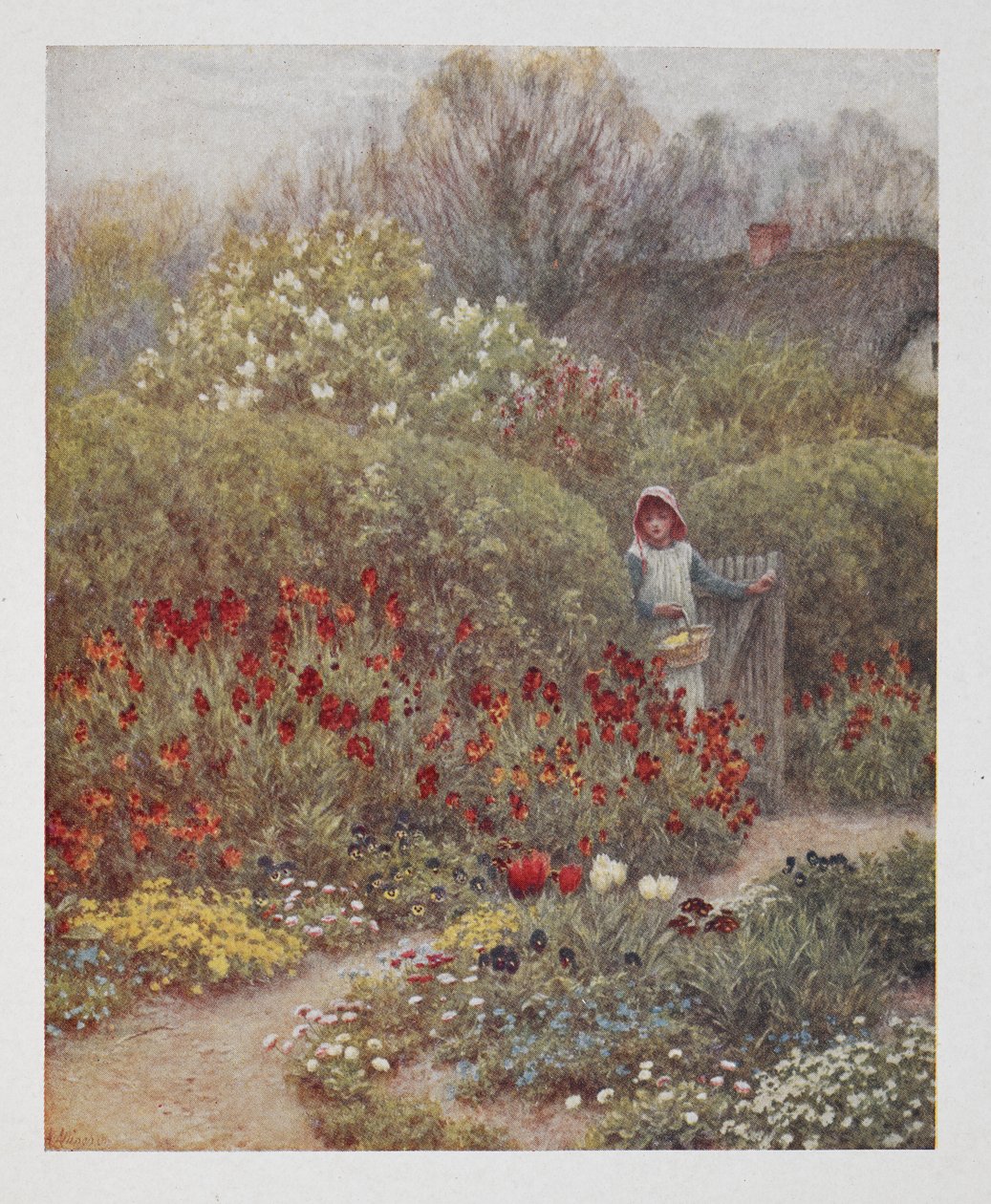 Nainen avaa portin puutarhaan, kuvitus "Happy Englandista", kirjoittanut Robert Huish (väri litho) tekijältä Helen Allingham