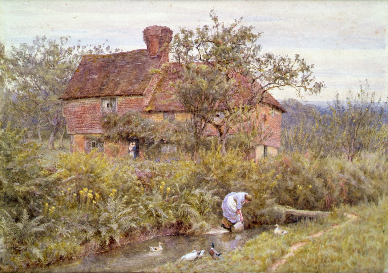 An Old Surrey Cottage (aquarel·la realçada amb blanc) finlandès tekijältä Helen Allingham