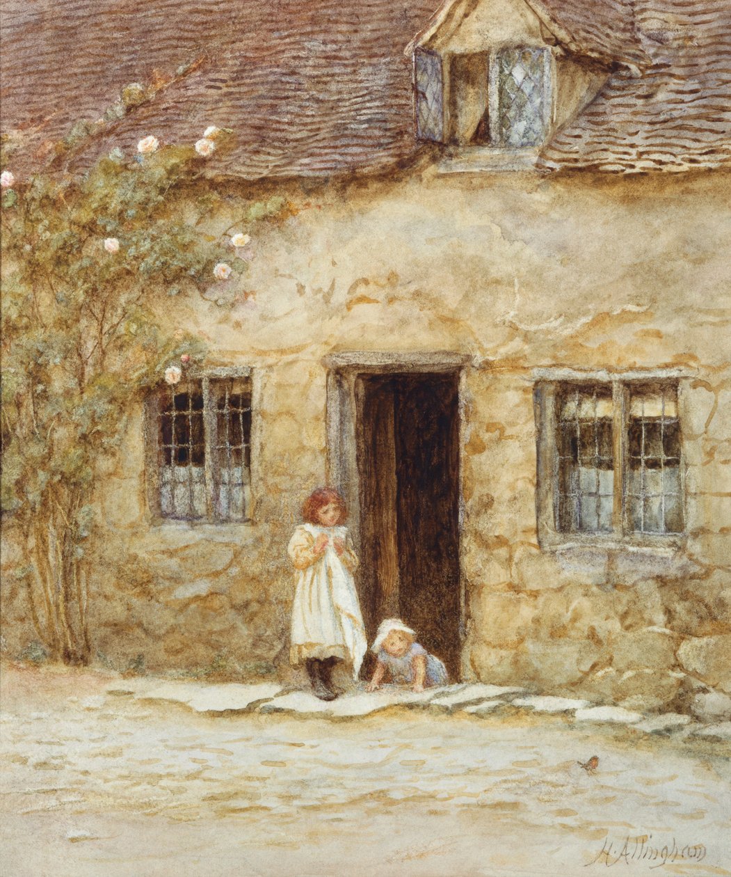 Mökin ovella (akvarelli raapimalla) tekijältä Helen Allingham