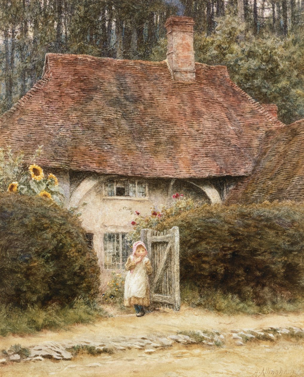 Mökin portilla (akvarelli raapimalla paperille) tekijältä Helen Allingham