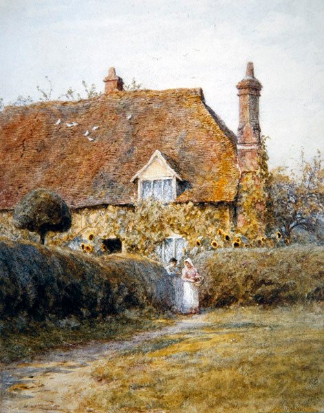 Mökin portilla (akvarelli paperille) tekijältä Helen Allingham