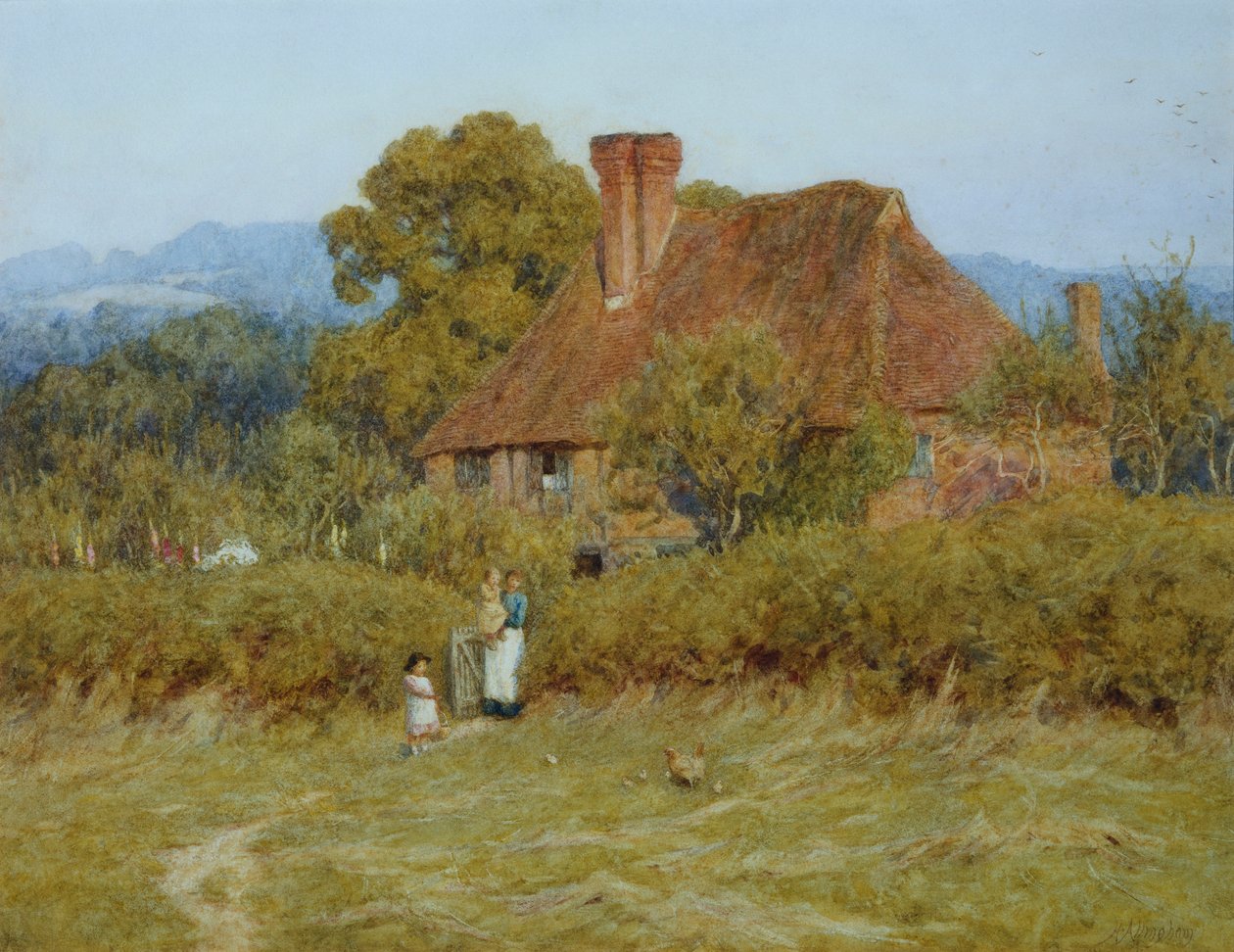 Mökki Broadham Greenissä, Surreyssa, Sunset Lightissa tekijältä Helen Allingham