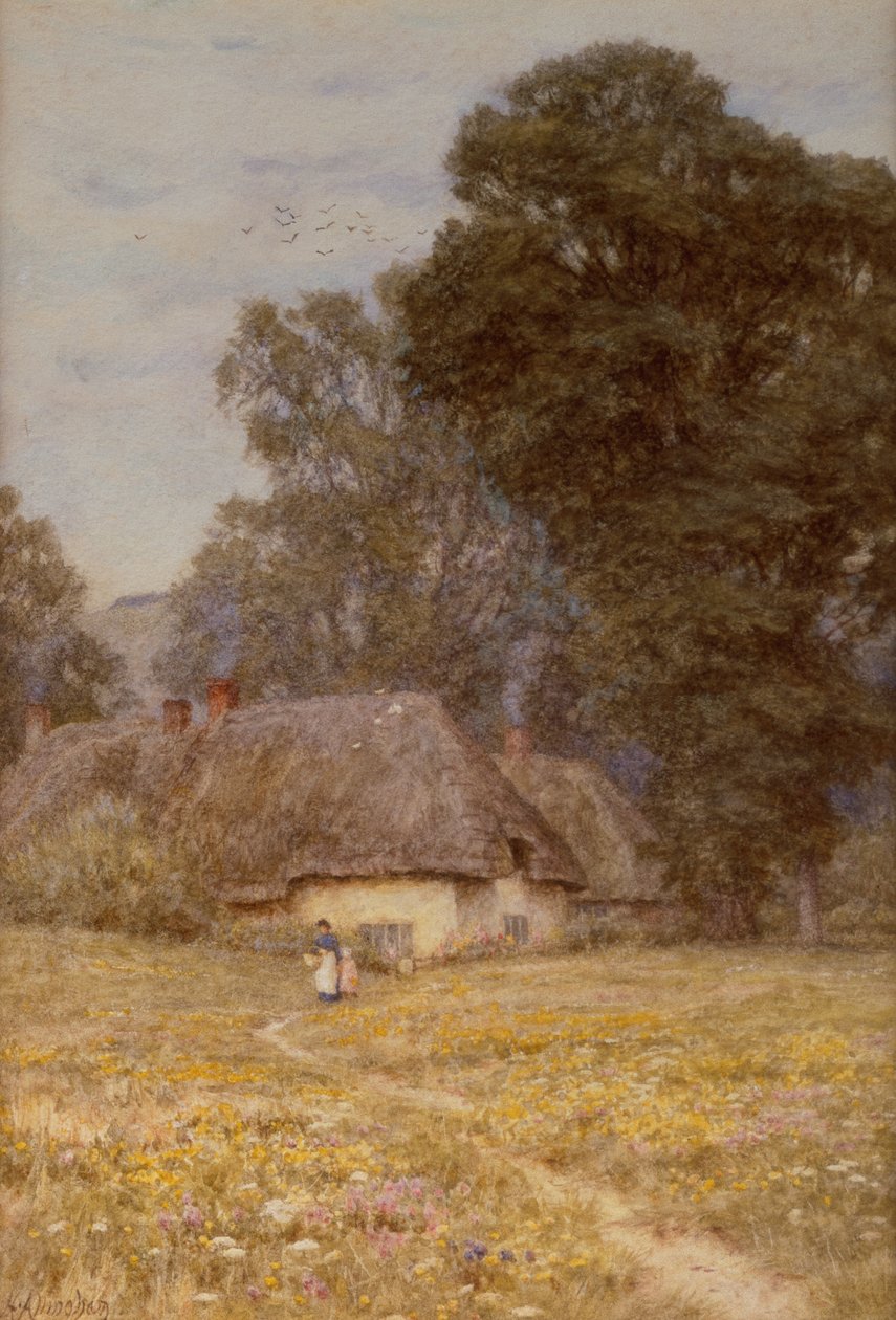 Mökit Quidhamptonissa, lähellä Salisburya (akvarelli paperille) tekijältä Helen Allingham