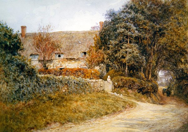 Kyyhkysten ruokinta (akvarelli paperille) tekijältä Helen Allingham