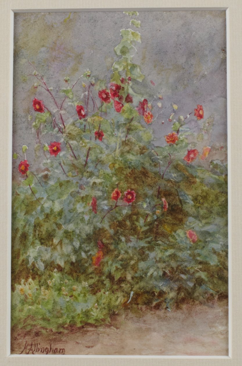 Flower Border, hollyhock ja daaliat tekijältä Helen Allingham