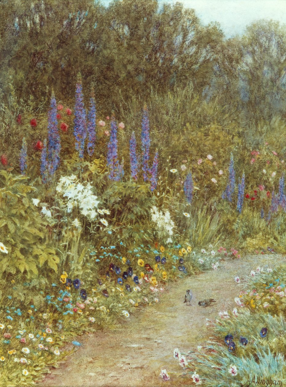 Puutarha mökin ympärillä (akvarelli) tekijältä Helen Allingham