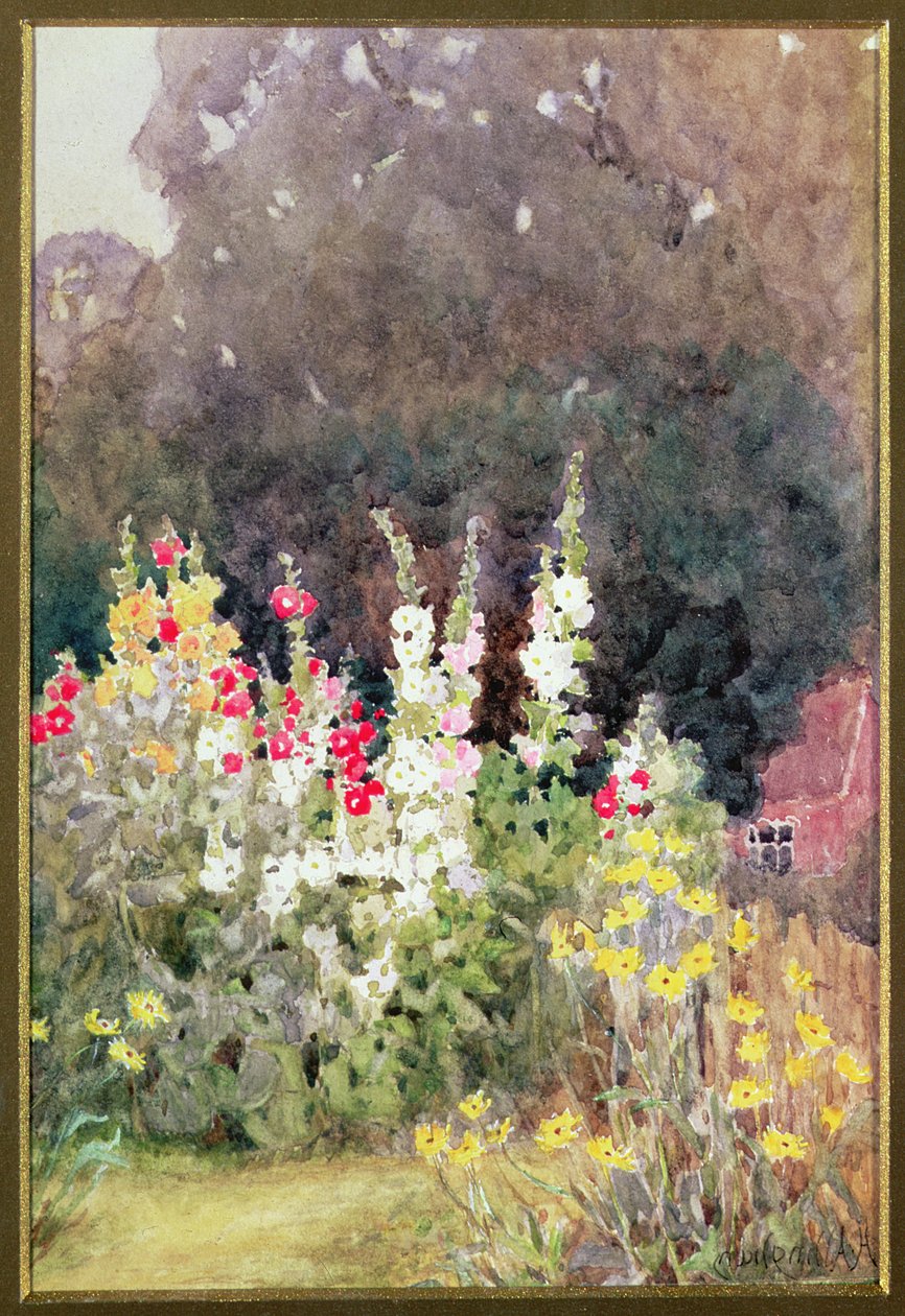hollyhocks, tekijältä Helen Allingham