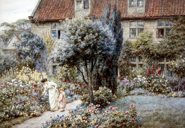 Manor Farm Garden, Yorkshire, n. 1901 (akvarelli paperille) tekijältä Helen Allingham
