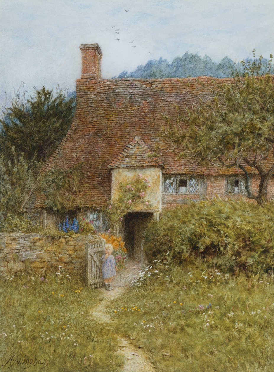 Old Cottage, Witley (akvarelli naarmuuntumalla) tekijältä Helen Allingham