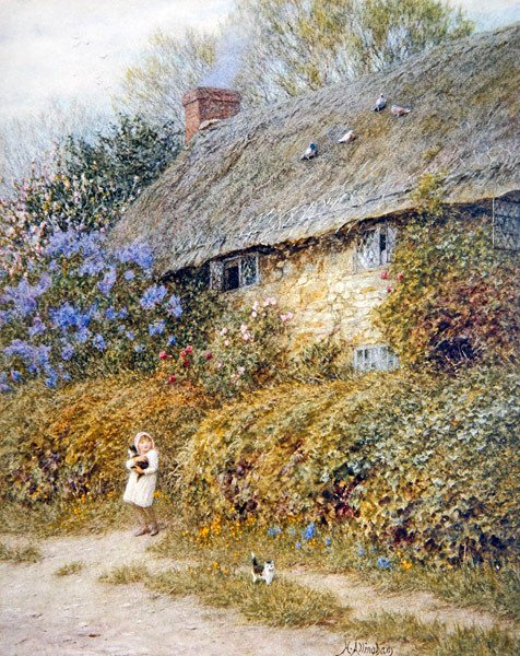 Vanha mökki Freshwaterissa, Isle of Wight (akvarelli paperille) tekijältä Helen Allingham