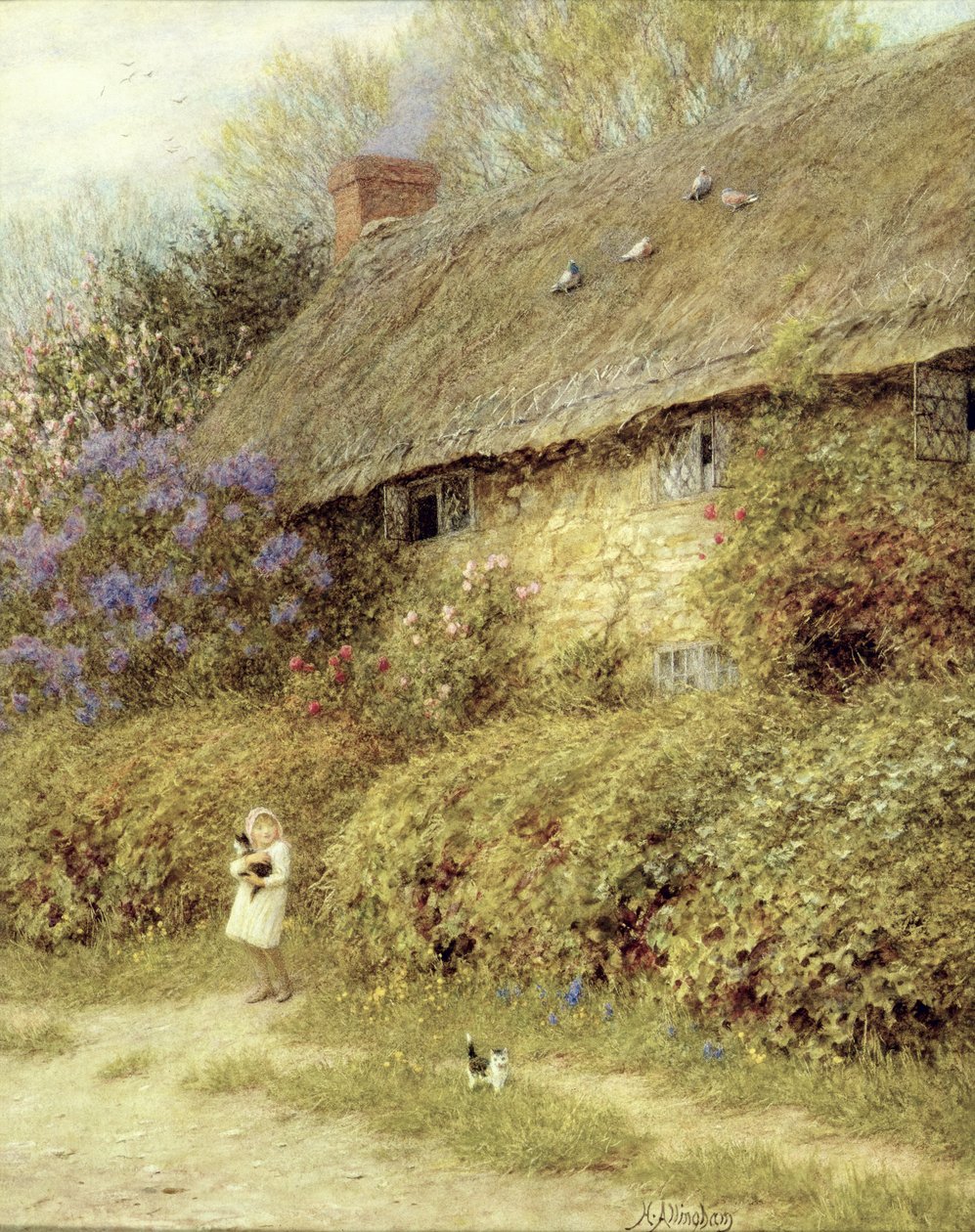 Vanha mökki Freshwaterissa, Isle of Wight (akvarelli paperille) tekijältä Helen Allingham