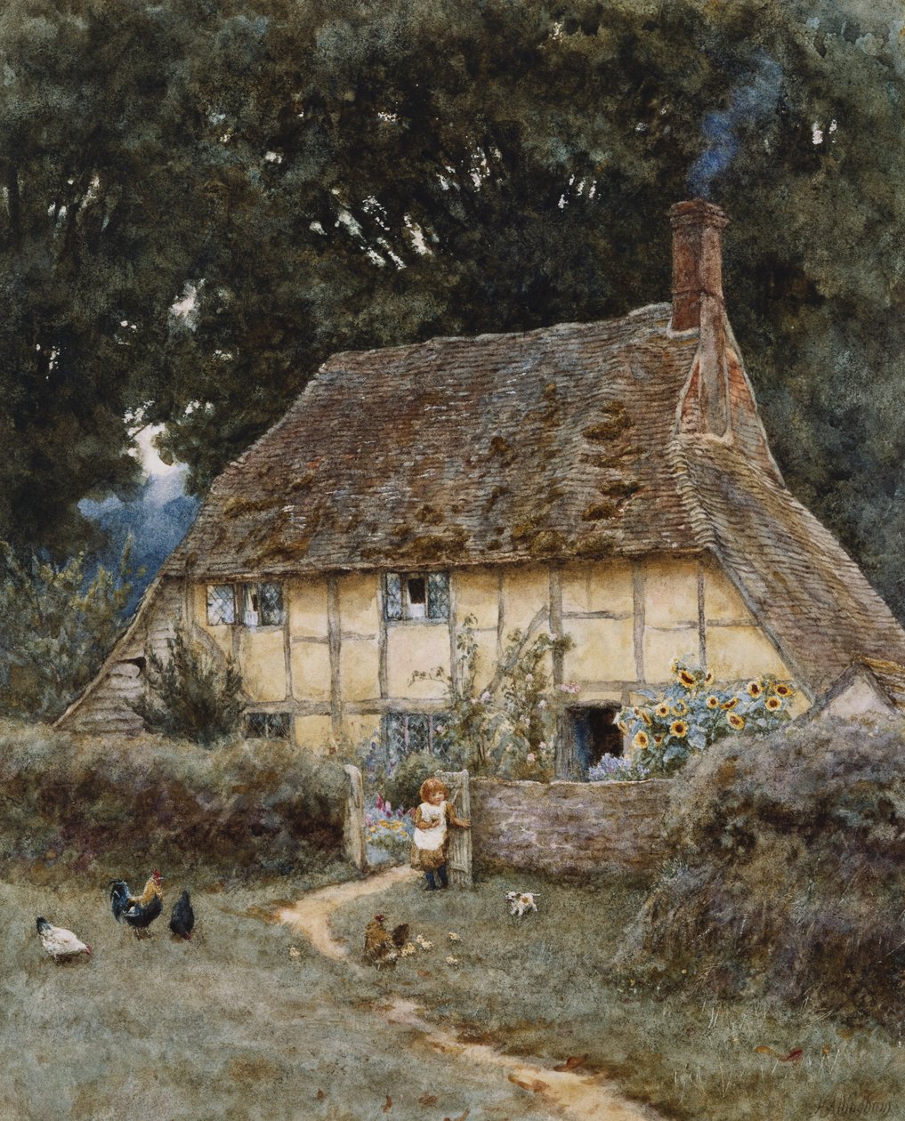 Brook Roadilla, lähellä Witleyä (akvarelli naarmuuntumalla paperille) tekijältä Helen Allingham