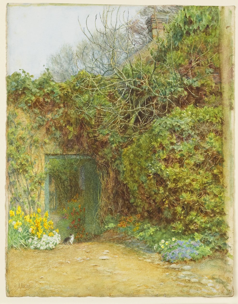 The Dairy Door, Farringford, Lord Tennysons Home, n. 1890 (wc, arabikumia ja kaapiminen kudottupaperille) tekijältä Helen Allingham