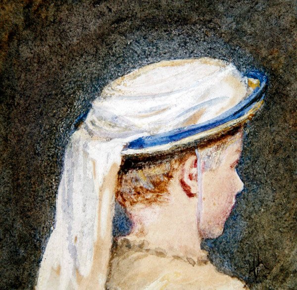 Valkoinen hattu (vesiväri ja bodycolor paperille) tekijältä Helen Allingham