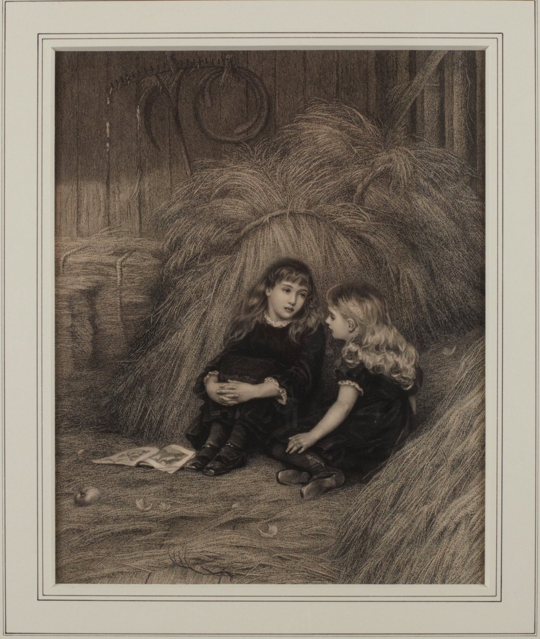 Kaksi tyttöä navetassa (muste paperille) tekijältä Helen Allingham